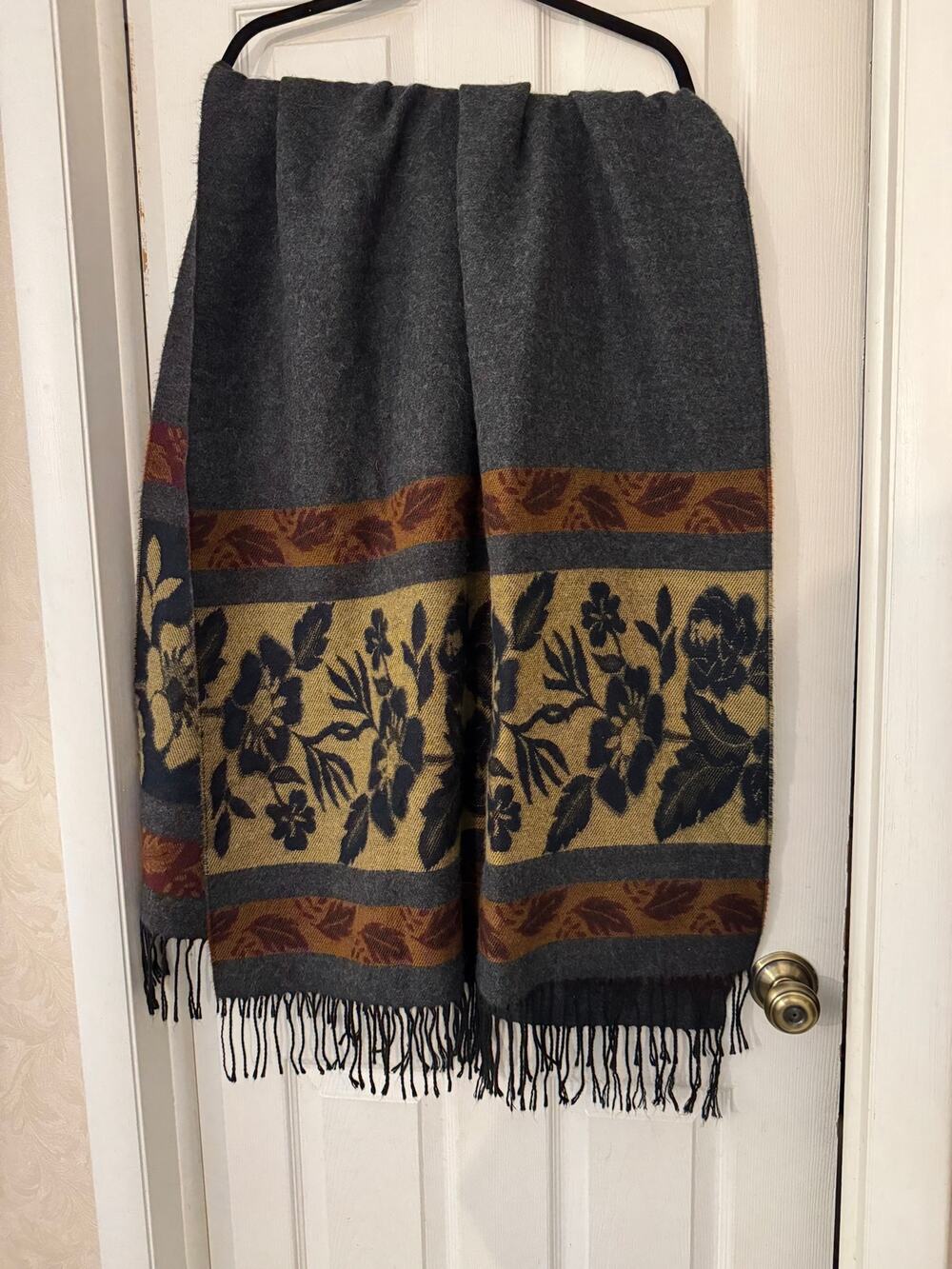 Aurora Paci Italia Floral Wool Blend Fringe Scarf Wrap Shawl Charcoal Mustard